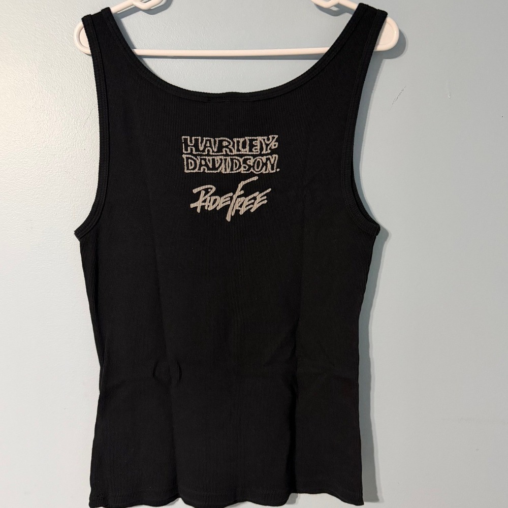 Harley Davidson Ride Free Ribbed Size L Tank Top Black Graphic Scoop Neck 0635 - Picture 2 of 5